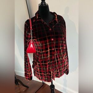 Red velvet button-up blouse with chain strap #goth #grunge